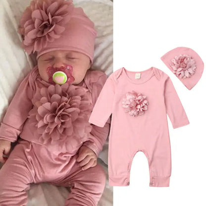2 Pcs Newborn Autumn Baby Girl Floral Cotton Jumpsuit and Hat Set 0-18 Months