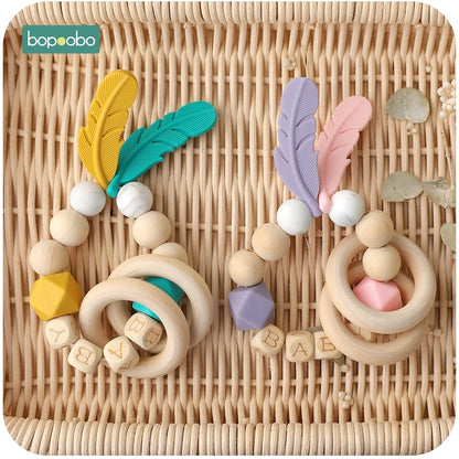 Bopoobo 1pc Silicone Bead & Wooden Baby Rattle Teether