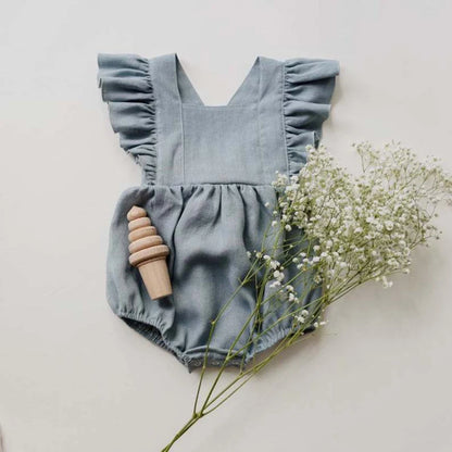 Linen Cotton Ruffle Lace Romper for Baby Girls - Summer Sleeveless Jumpsuit
