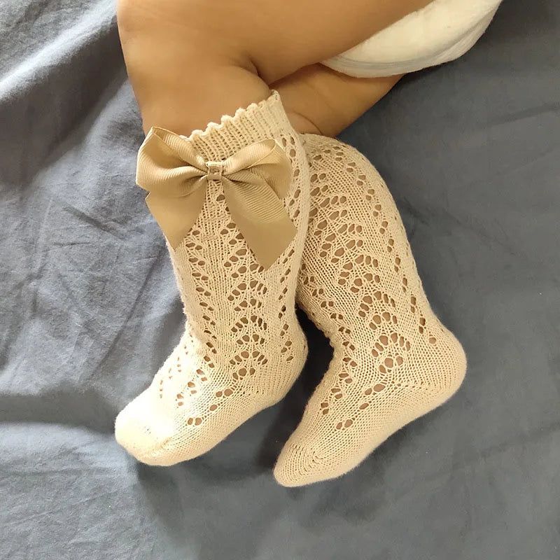Spanish Style Bow Cotton Socks for Baby Girls - Breathable Mesh Design 0-5Y