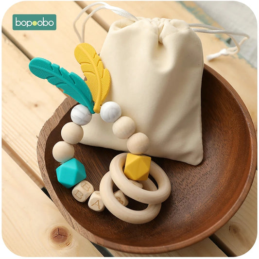 Bopoobo 1pc Silicone Bead & Wooden Baby Rattle Teether