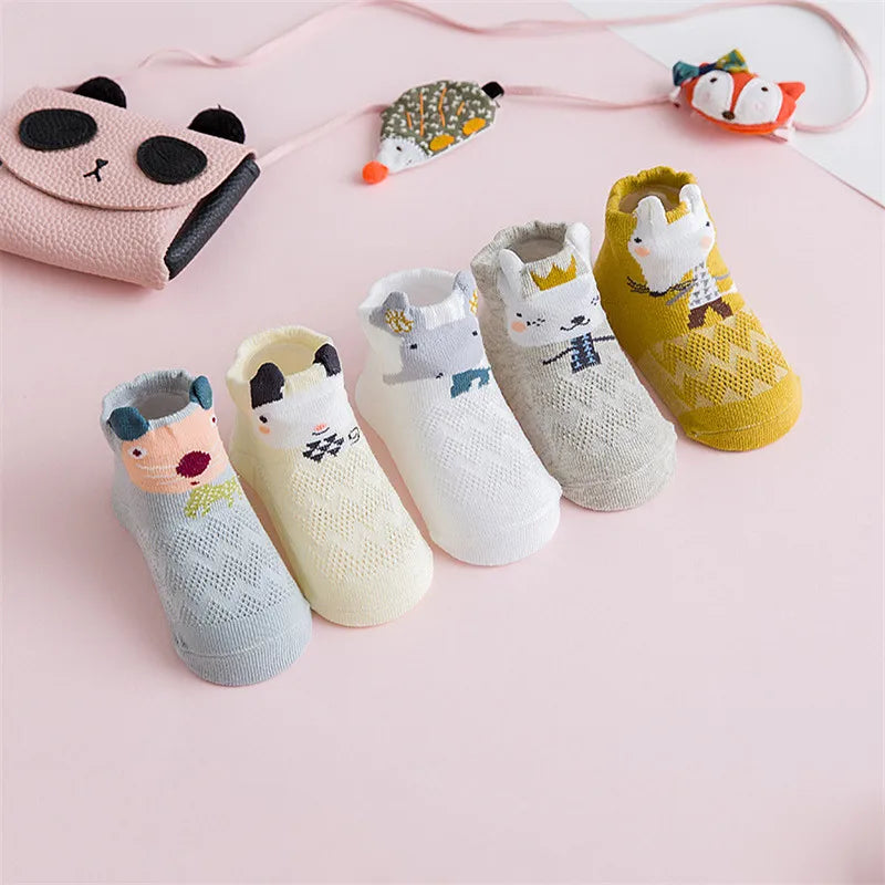 5Pairs Cartoon 3D Animal Cotton Baby Socks - Summer Mesh Thin