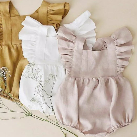 Light Pink Linen Cotton Puff Sleeve Romper for Baby Girls