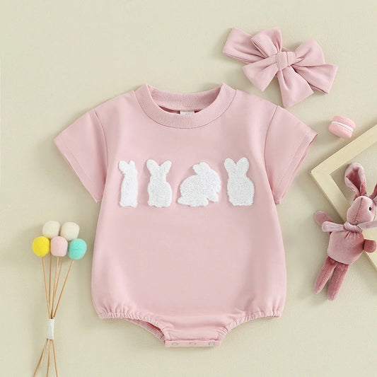 Newborn Baby Girls Easter Bunny Bubble Romper Set - Embroidered Cotton Outfit with Matching Headband