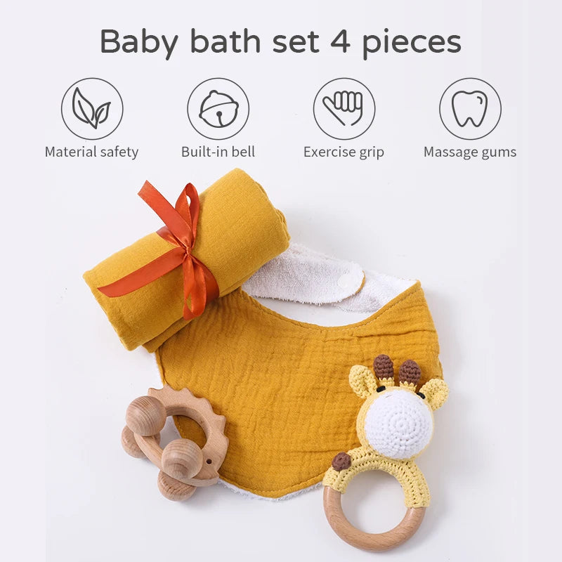 5-Piece Baby Accessory Gift Set - Teether, Bib, Towel, Brush, Soother Attachment