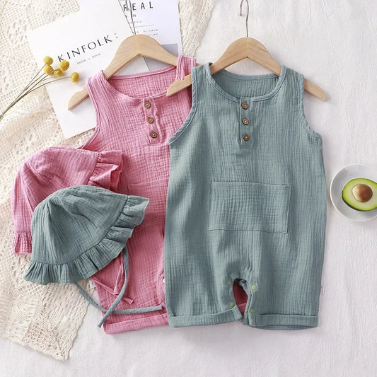 2Pc Muslin Cotton Baby Romper Set with Hat - Sleeveless Summer Outfit