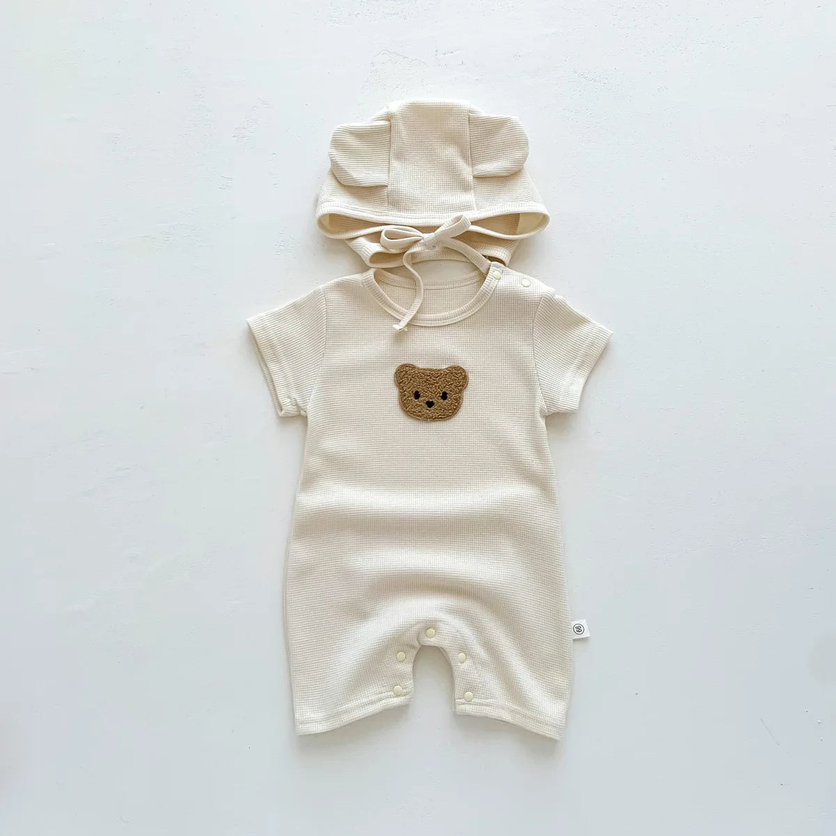 Summer Waffle Cotton Romper with Bear Patch & Ear Hat for Babies