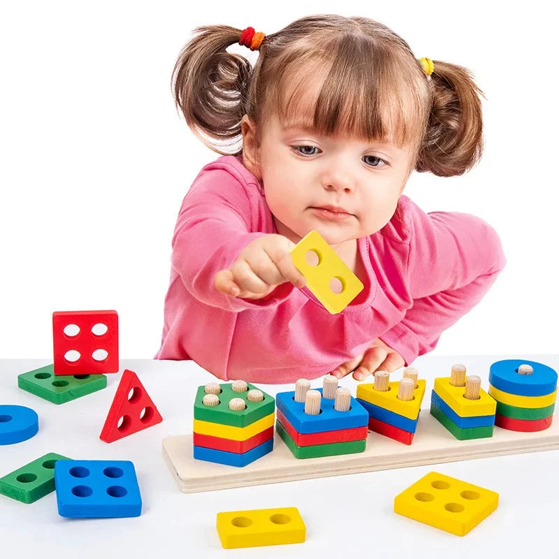 Montessori Wooden Educational Toys for Children 1 2Y Baby Shape Color Sorter Block Puzzles Toddler Large Geometric Stacking Toys