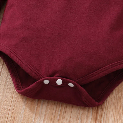 Red Long Sleeve Bodysuit & Flower Strap Pants Set - 3PCS Baby Girl Suit
