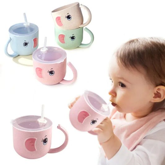 Cartoon Bamboo Baby Feeding Bottle - Silicone Sippy Cup with Straw and Handle, 320ml