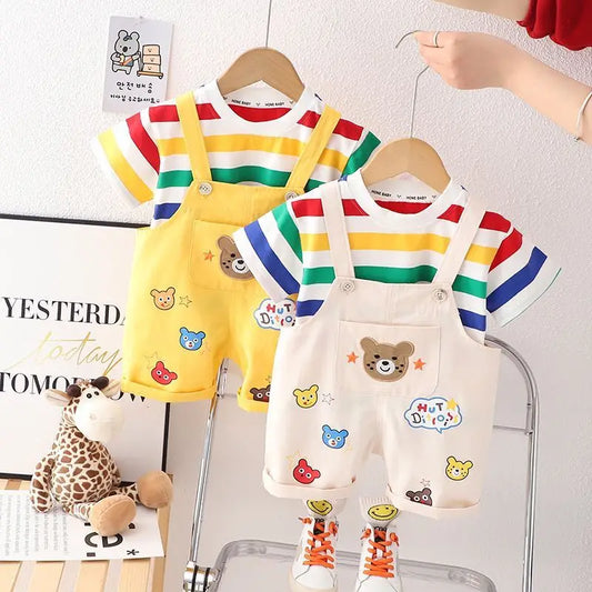 Summer Cartoon Bear Kids Dungarees - T-Shirt & Shorts Set
