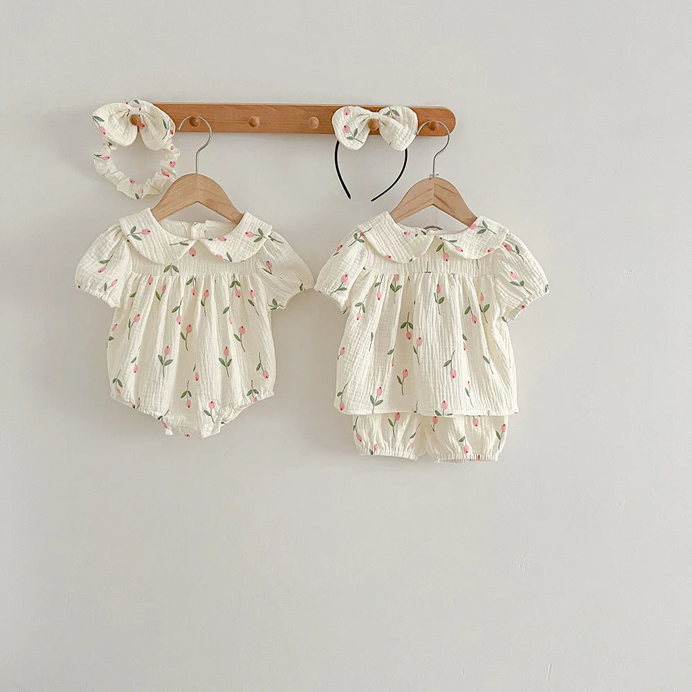 Summer Tulip Print Bodysuit & Hairband Set for Infant Girls - Cotton