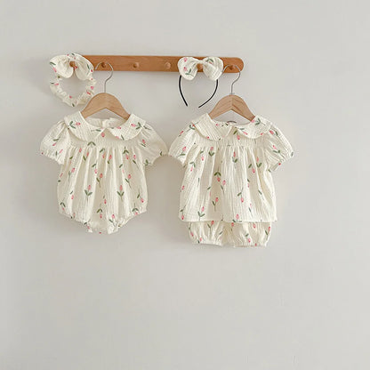 Summer Tulip Print Bodysuit & Hairband Set for Infant Girls - Cotton