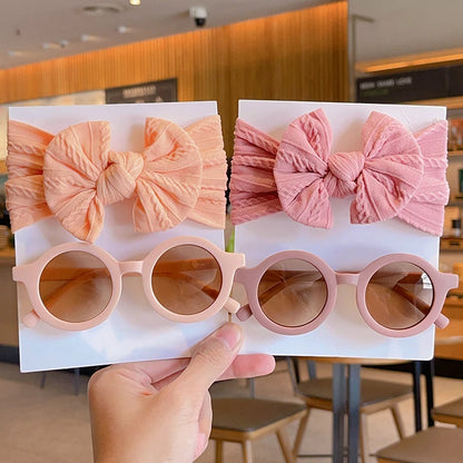 Chic Cotton Bowknot Hairband & Round Sunglasses Set for Kids - Perfect Spring/Summer Accessory