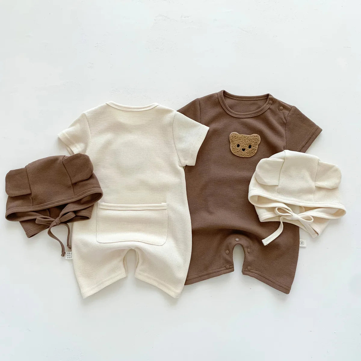 Summer Waffle Cotton Romper with Bear Patch & Ear Hat for Babies