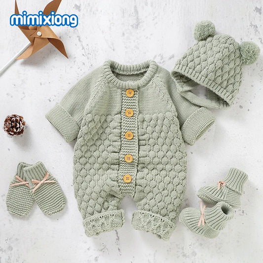 Knitted Baby Rompers & Caps Set - Unisex Winter Outfit 2pcs