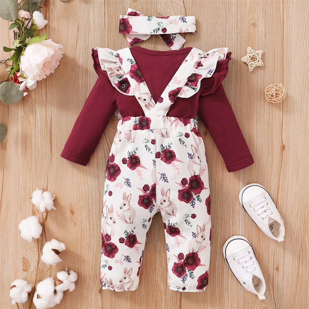 Red Long Sleeve Bodysuit & Flower Strap Pants Set - 3PCS Baby Girl Suit
