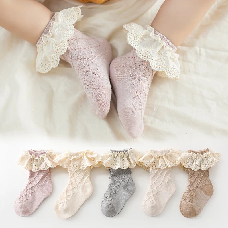 Charming Lacework Ruffled Long Socks for Baby Girls - Cozy Cotton Elegance for Spring
