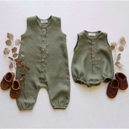 Summer Cotton Linen Baby Boys Romper - Sleeveless Button Playsuit