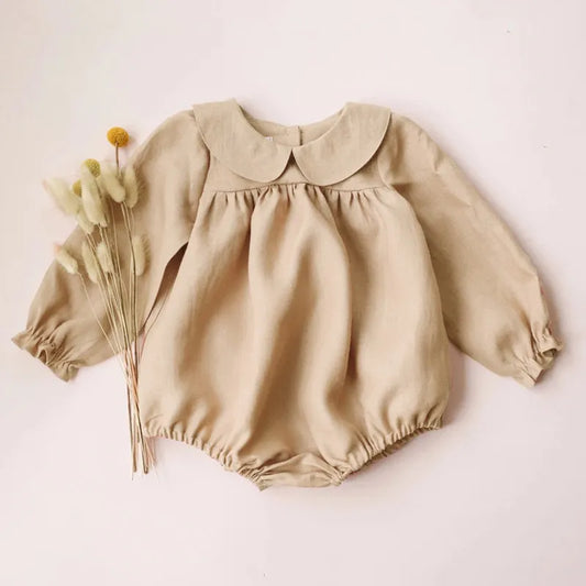Baby Girl Linen Cotton Romper - Long Sleeve Jumpsuit