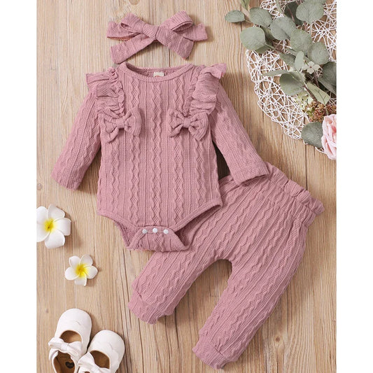 Bow Pink Long Sleeve Romper and Pants Set for Baby Girls