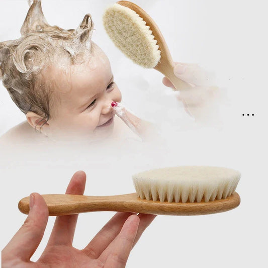 Natural Wood & Wool Newborn Hair Comb - Gentle Infant Head Massager