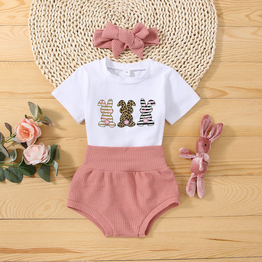 3Pcs Newborn Baby Girls Rabbit Print Easter Outfit Set - Romper, Shorts, & Headband