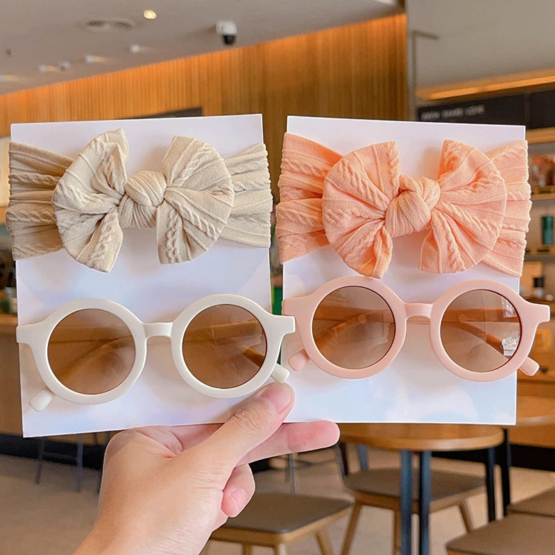 Chic Cotton Bowknot Hairband & Round Sunglasses Set for Kids - Perfect Spring/Summer Accessory