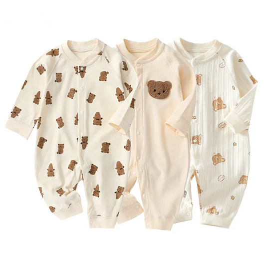 Unisex Muslin Bear Jumpsuit for Newborns - Cozy Autumn Onesie 0-18M